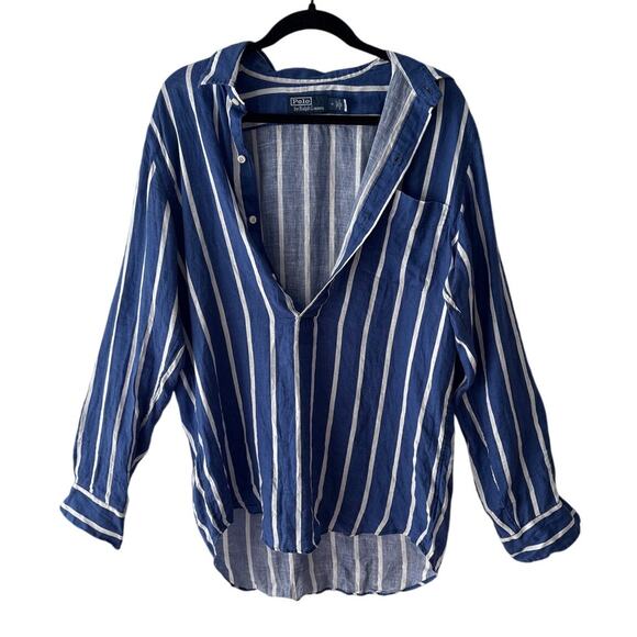 Polo Ralph Lauren 100% Linen Blue Stripe Shirt M - Picture 1 of 6